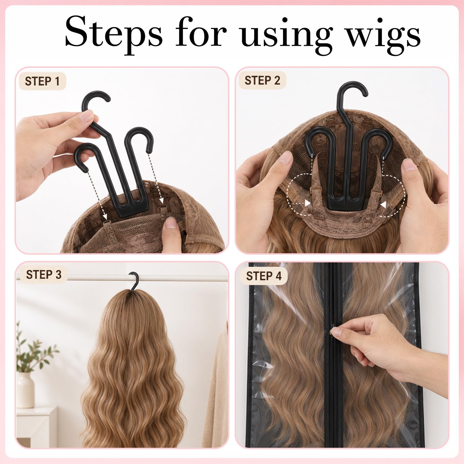 Awiniyeer 12 PCS Wig Storage Bags with Hanger, Dust-Proof Wig Holder for Multiple Wigs, Hair Extensions and Accessories, Clear Window Wigs Bags Storage Organizer(Black)