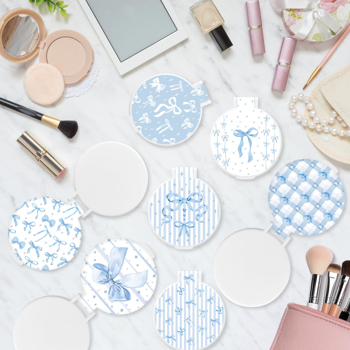 50 Pcs Blue Bow Compact Mirror Bulk Small Pocket Purse Round - KOPOOEOE Official Imagery - 5