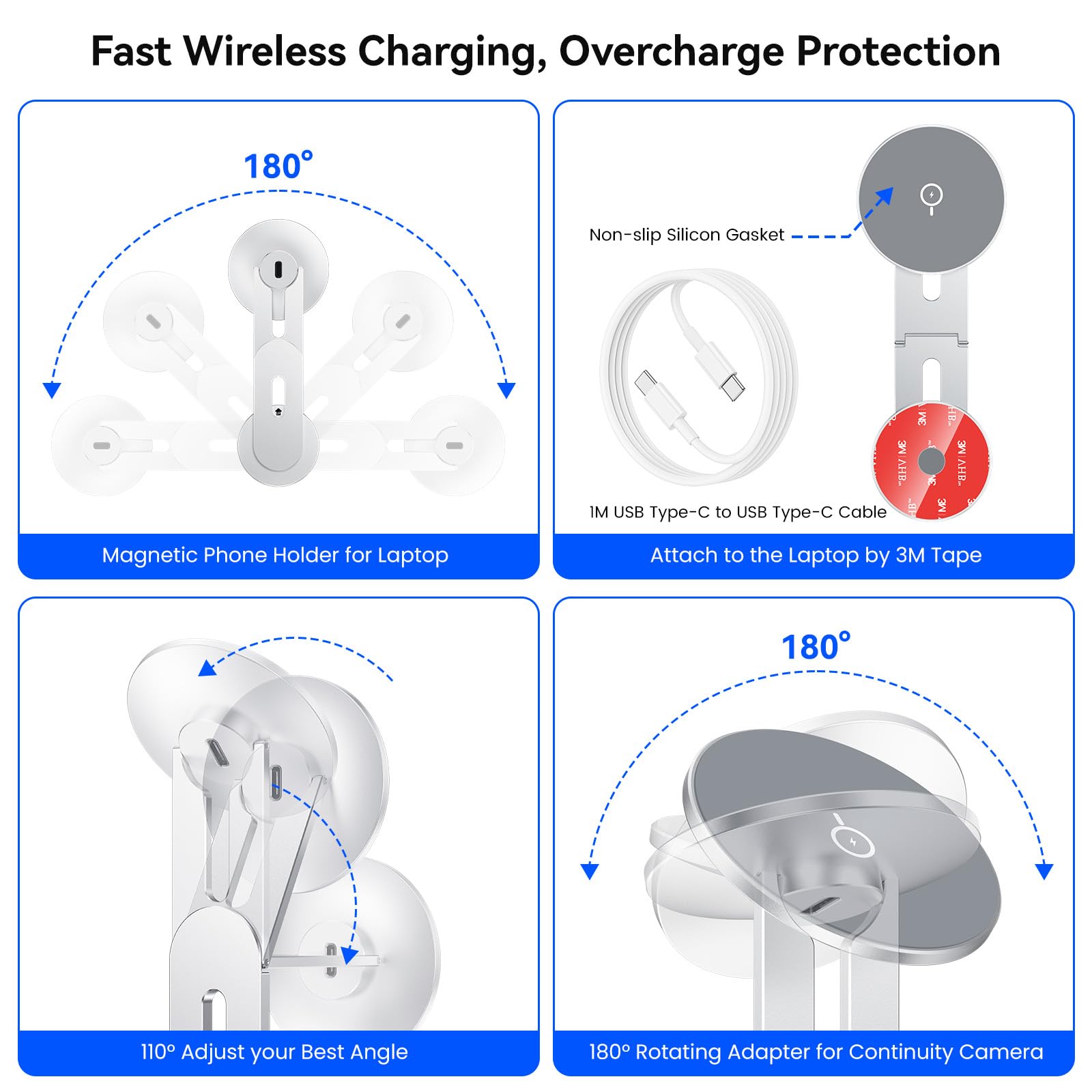 MAGDIGITEH Laptop Phone Holder, Magnetic Phone Stand 15W Fast Wireless Charger for MagSafe for iPhone 17/16/15/14/13/12 & All Phones for Tesla (Silver)