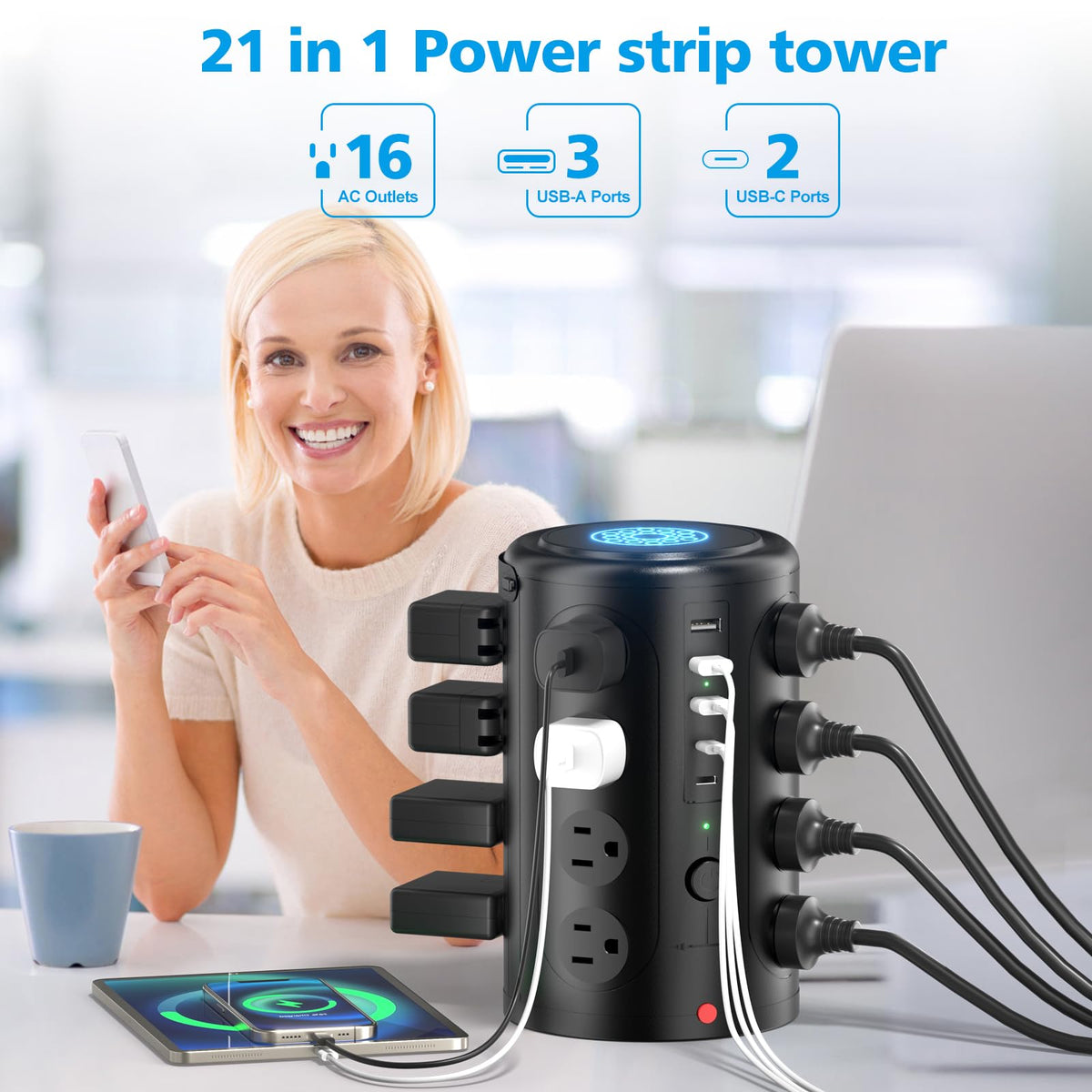 Surge Protector Power Strip Desk Charging Station with 15W - UWIWUTEI Official Imagery - 4