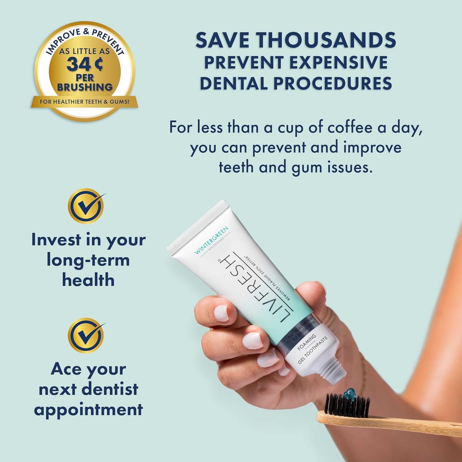 LIVFRESH Toothpaste Gel for plaque removal and gum health, with a close-up of the tube showing packaging details.