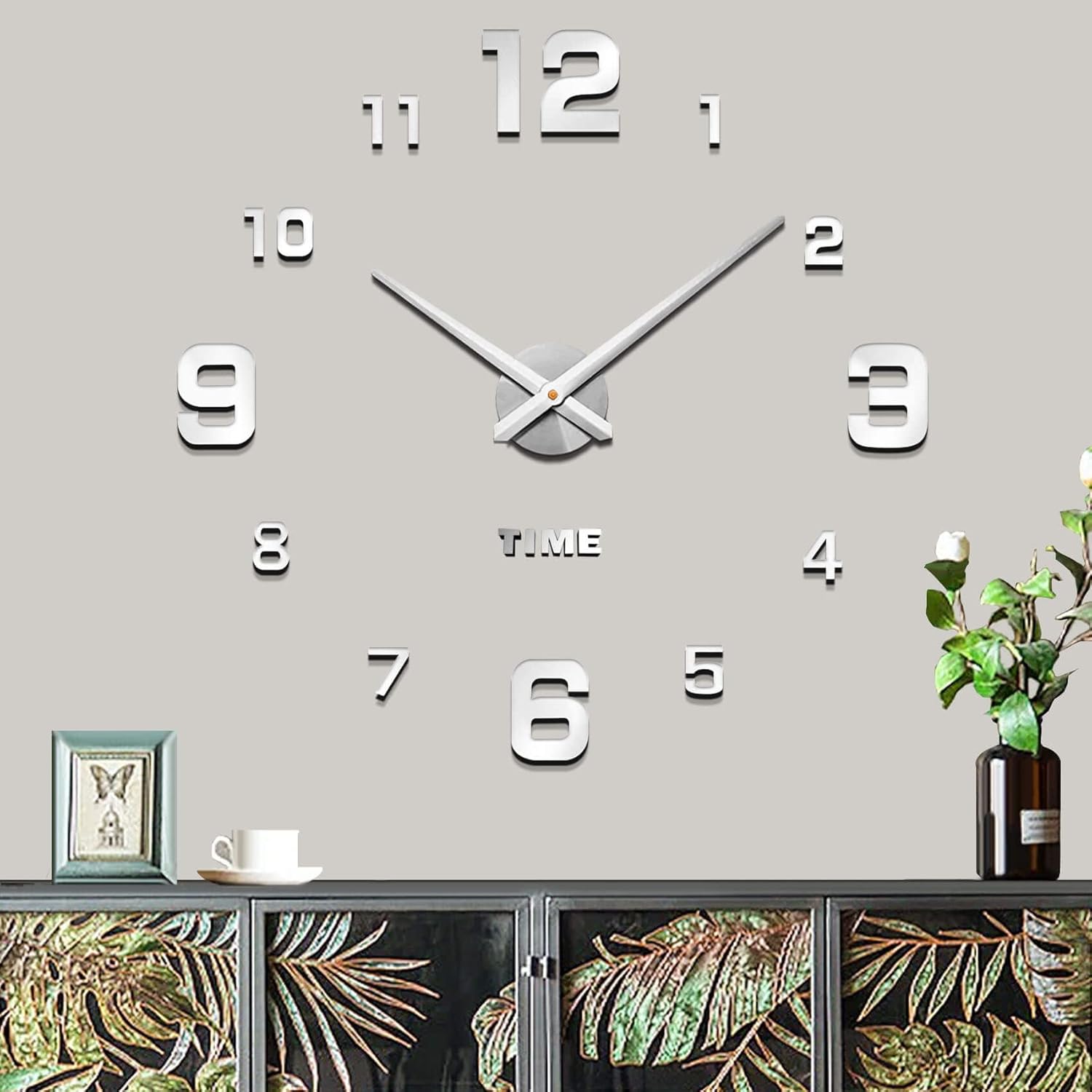 Modern Mintime frameless DIY wall clock with large 3D mirror numbers, suitable for home or office wall decoration.