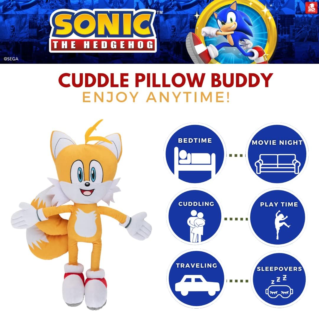 Soft plush Sonic the Hedgehog Tails cuddle pillow by Franco, featuring detailed anime-inspired design, perfect for fans and comfort.