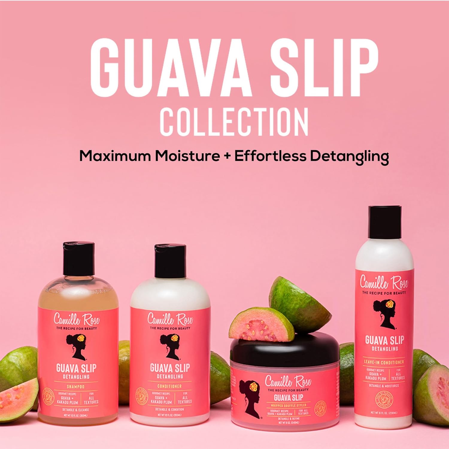 Camille Rose Guava Slip Detangling Conditioner with guava and kakadu plum in a white bottle, suitable for nourishing hair.