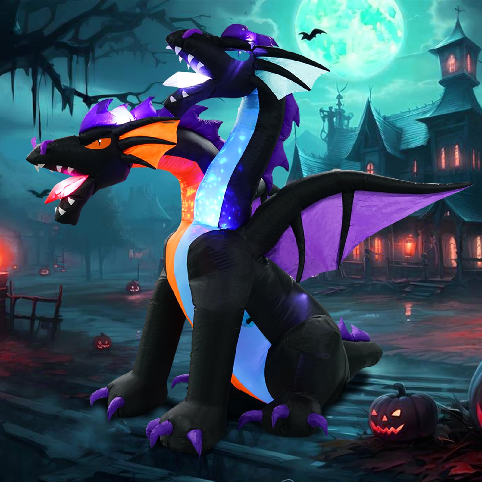 7FT Tall Halloween Inflatables Dragon with 2 Heads, Fire and Ice - Product Imagery