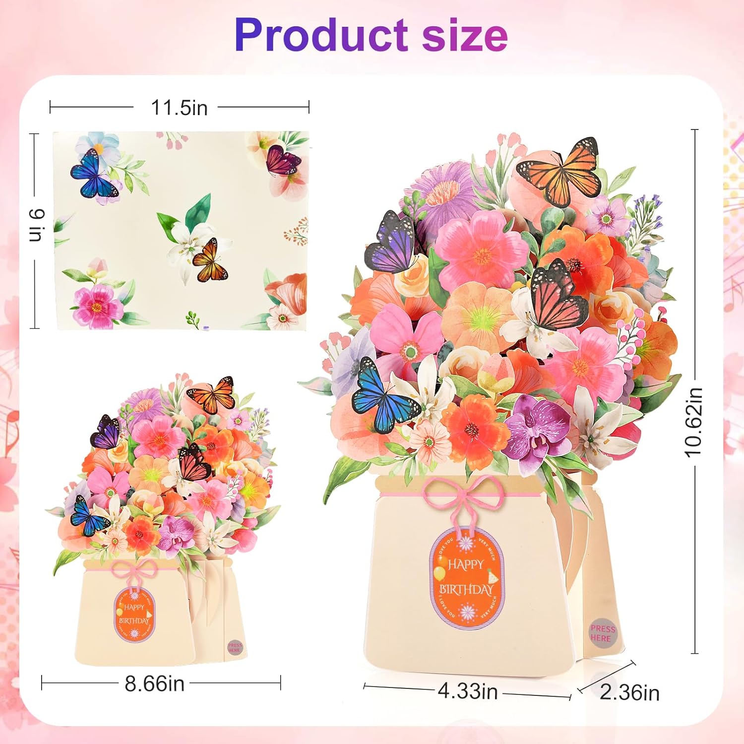 Light and music happy birthday card featuring lily flowers and butterflies, 10-inch size from Yinqing.