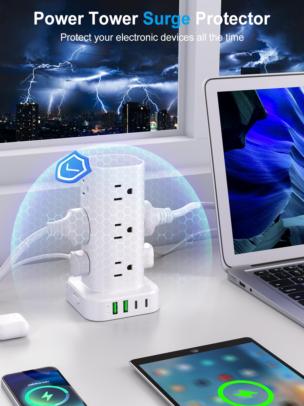 UWIWUTEI 6FT Power Strip Tower with Wireless Charger,Surge Protector with 12 Out - UWIWUTEI Official Product View 6