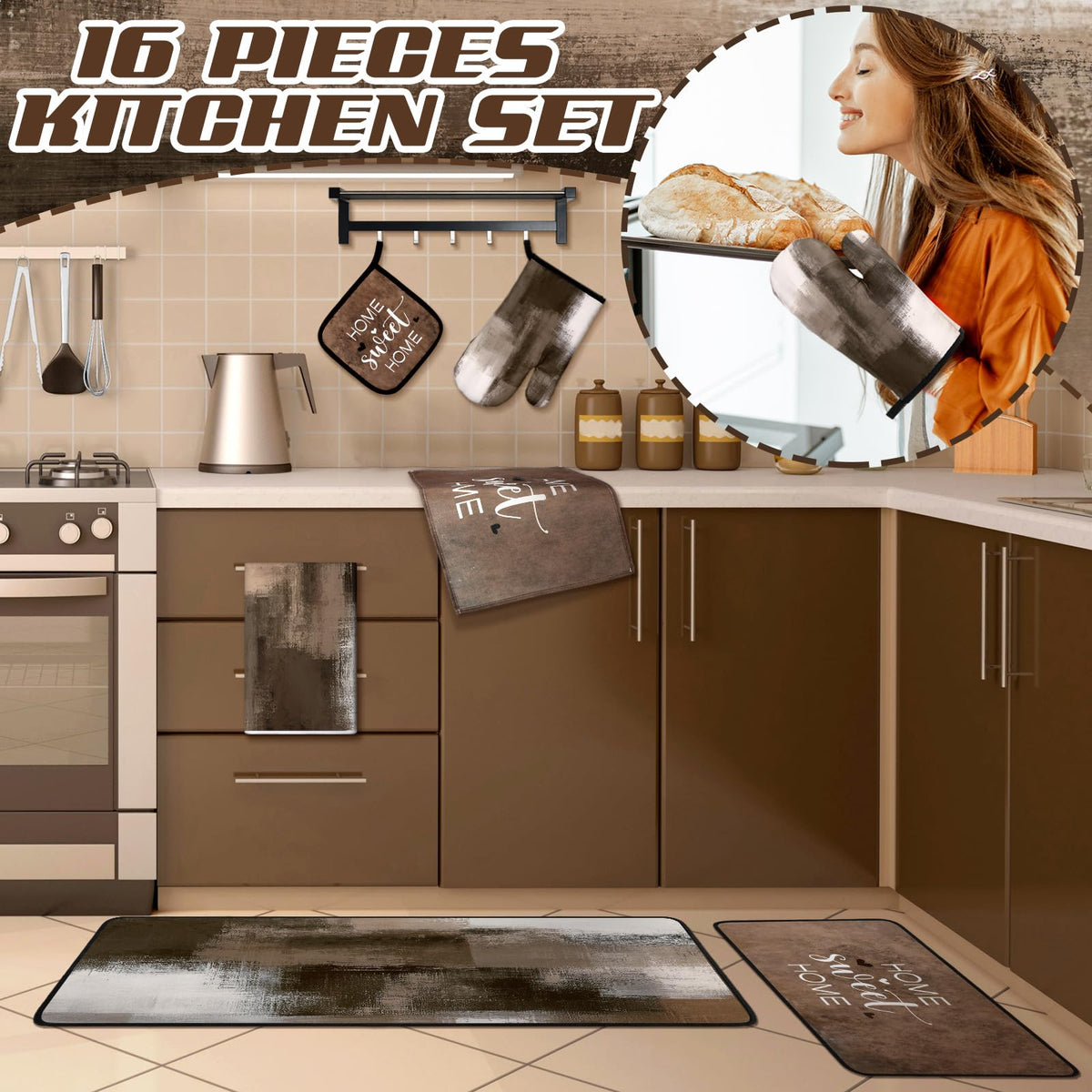 16 Pcs Abstract Art Kitchen Decor Set 4 Brown Kitchen Towels - Fourluoo Official Imagery - 8