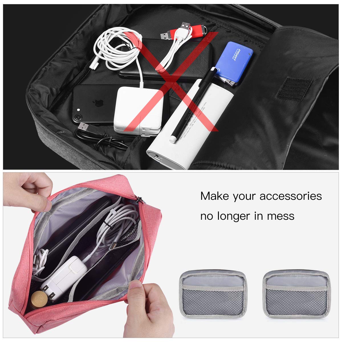 2-PACK Accessories Bag for Women Ladies Travel Organizer, Big+Small Portable Storage Bag Pouch Electronics Accessories Carrying Case Cosmetic Bag for Hard Drive, Mouse, Cable, Adapter, Cellphone, Pink