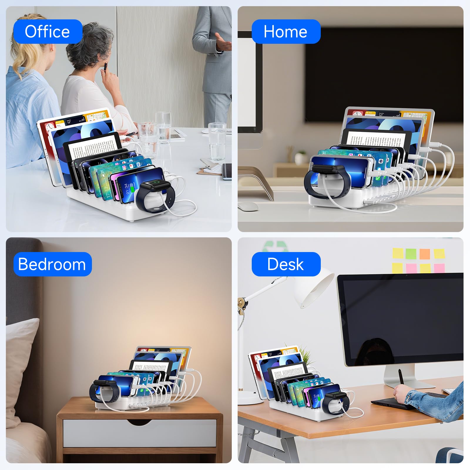 320W Charging Station for Multiple Devices, 10 Ports Fast Multi-Device Charger Organizer Compatible with MacBook Pro Laptop, iPhone, Android, Ipad, Tablet, Kindle, Family Multi-Device Charging Dock