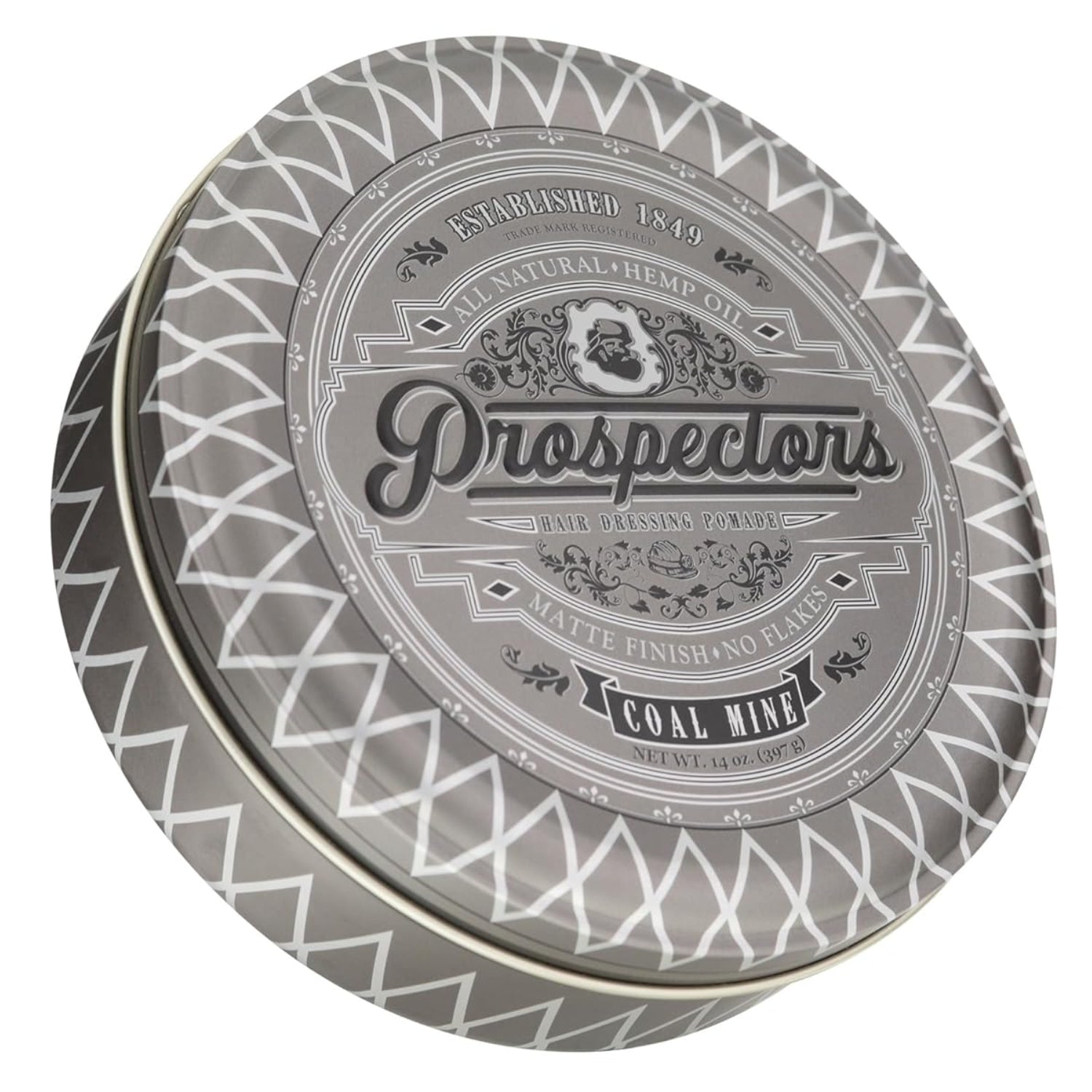 PROSPECTORS Coal Mine Matte Clay Hair Pomade in a 14 oz tin can with a black label and vintage-style design.