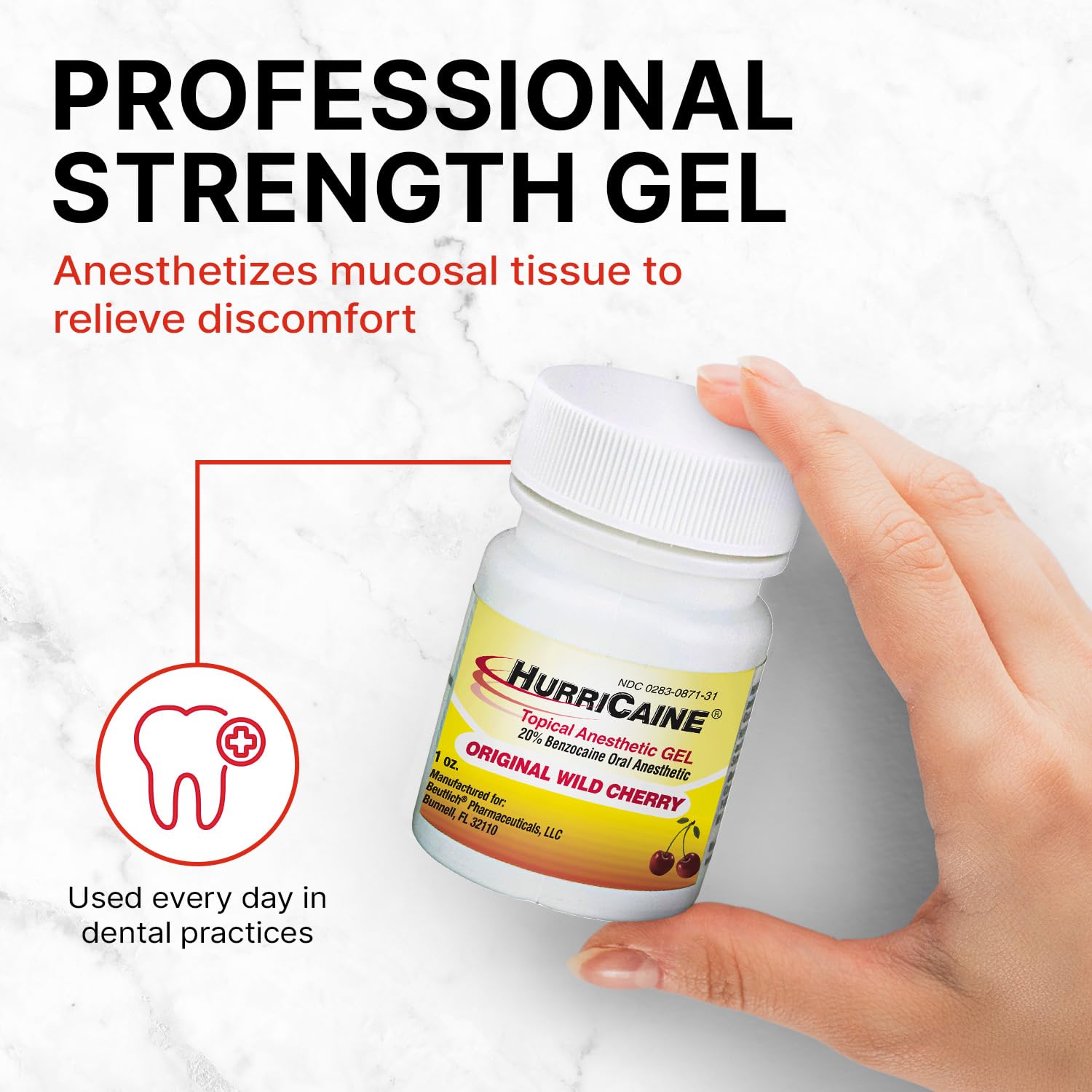 HurriCaine 20% Benzocaine Oral Pain Relief Gel, Wild Cherry 1oz
