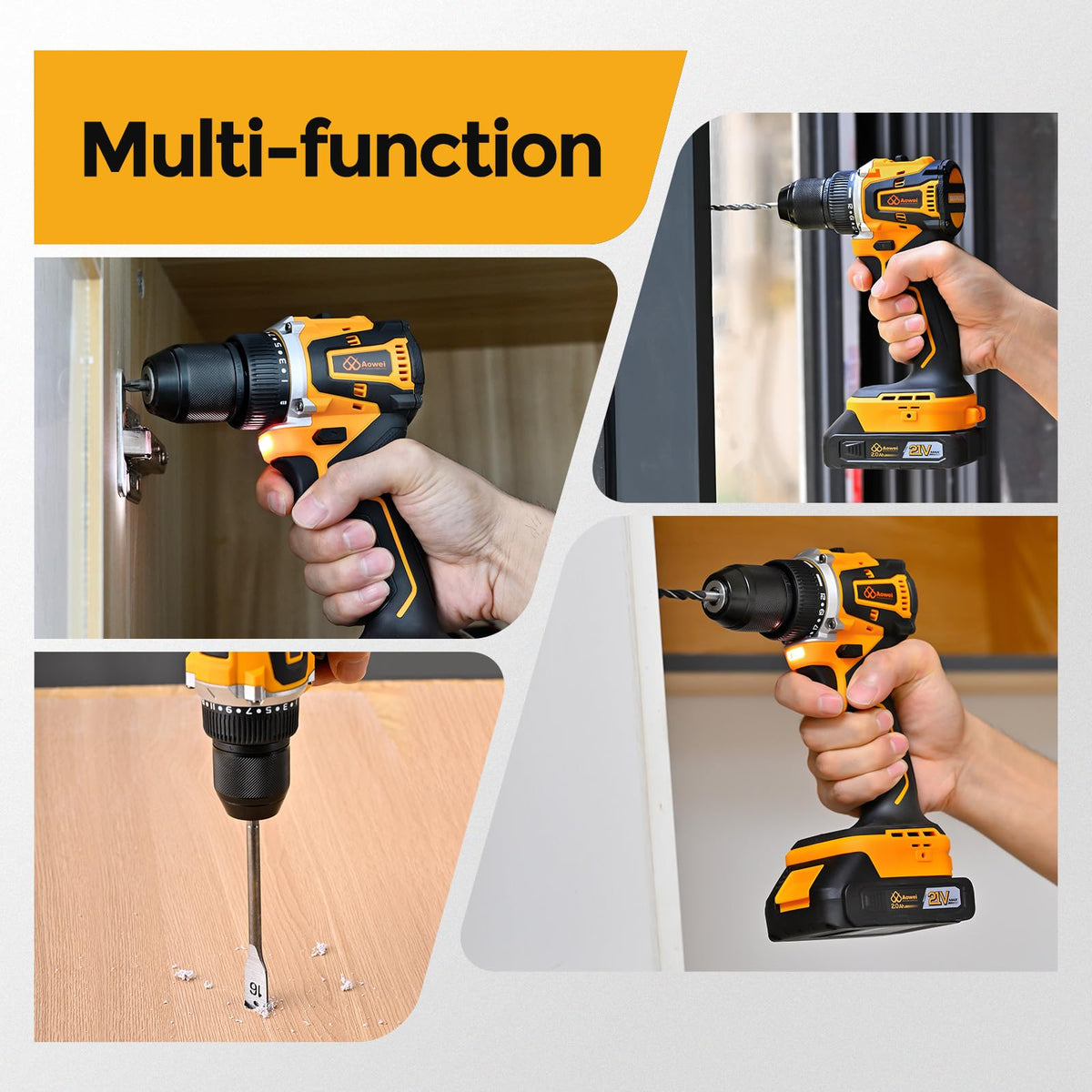Yellow 21V Cordless Drill Brushless Motor Tool Kit Set - AOWEI Official Imagery - 6