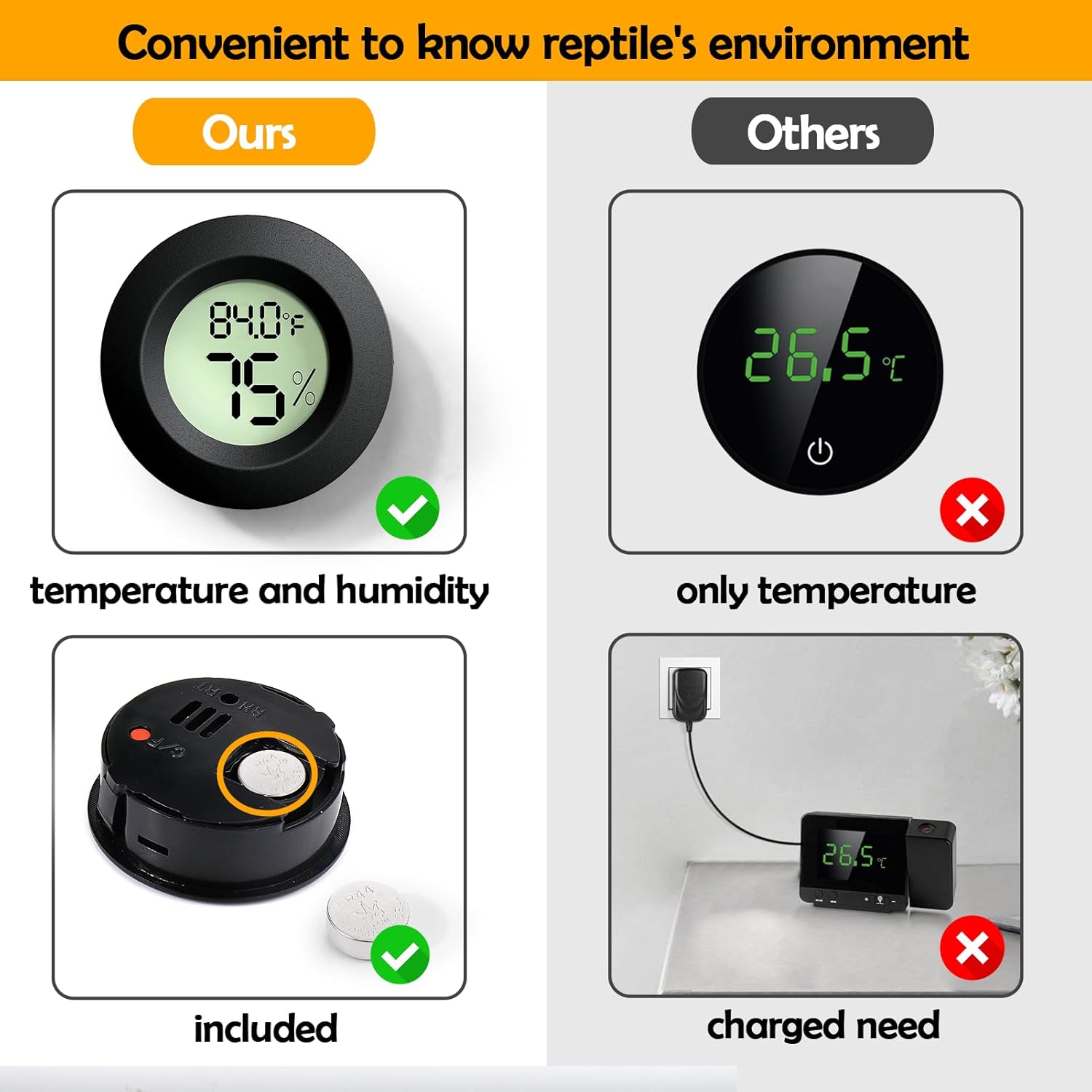 BSRESIN reptile tank accessories with two thermometers and humidity gauges for accurate temperature and moisture monitoring.