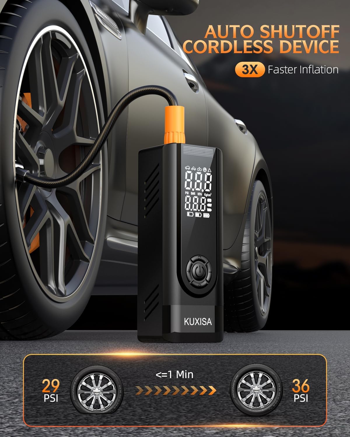 KUXISA portable tire inflator with LED lights, 180 PSI air compressor, compact design, and digital pressure gauge.