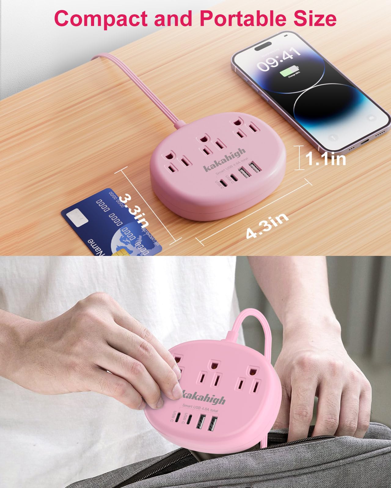 kakahigh Pink Extension Cord with USB C - 5 FT Kawaii Power Strip by kakahigh - Angle View 6