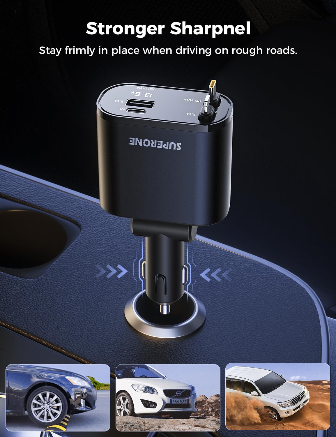 SUPERONE Retractable Car Charger 4 in 1 Fast Phone Charger by SUPERONE - Angle View 8