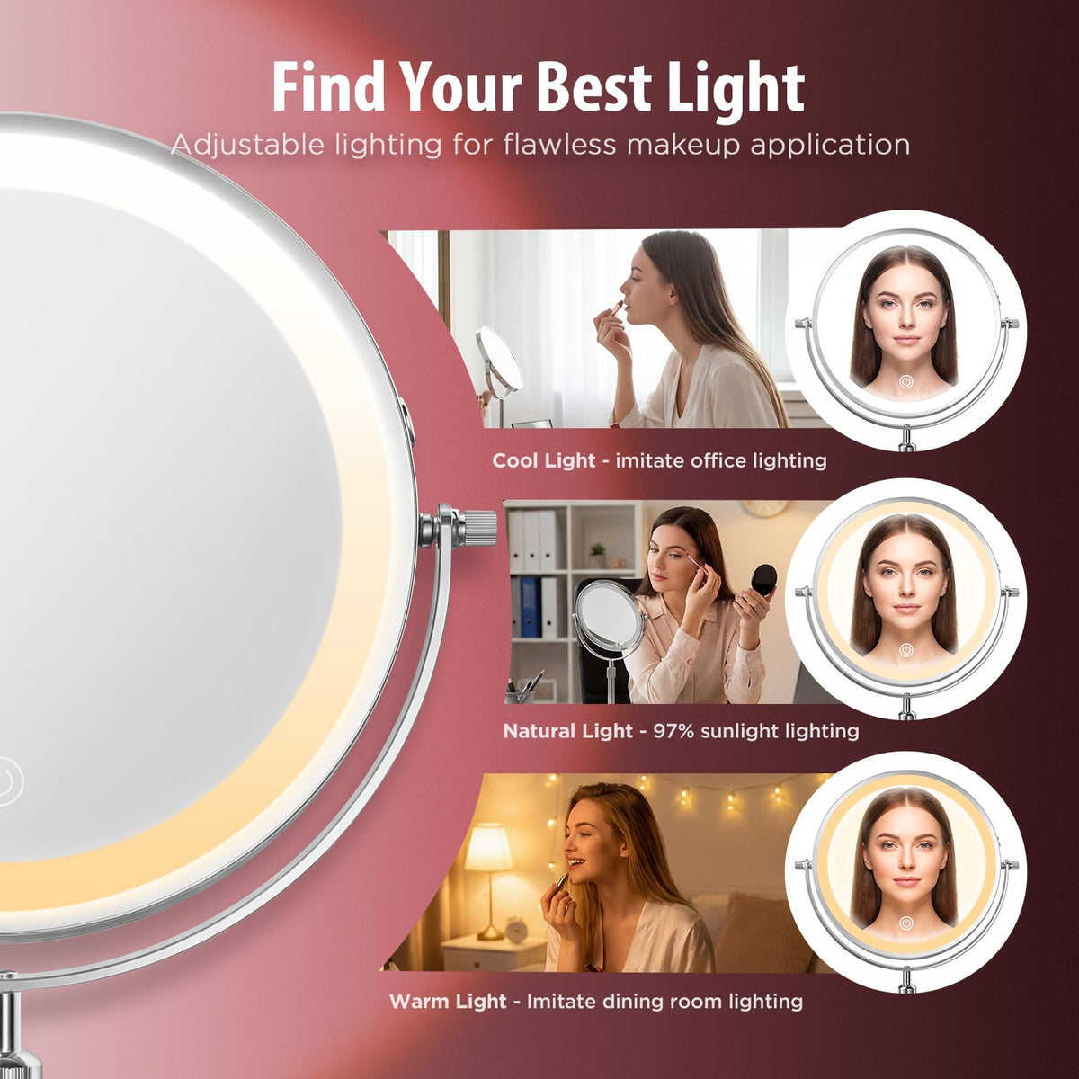 9 Inch Double Sided Makeup Mirror 1X 30X 3 LED Lights - tubbede Official Product Imagery - 4