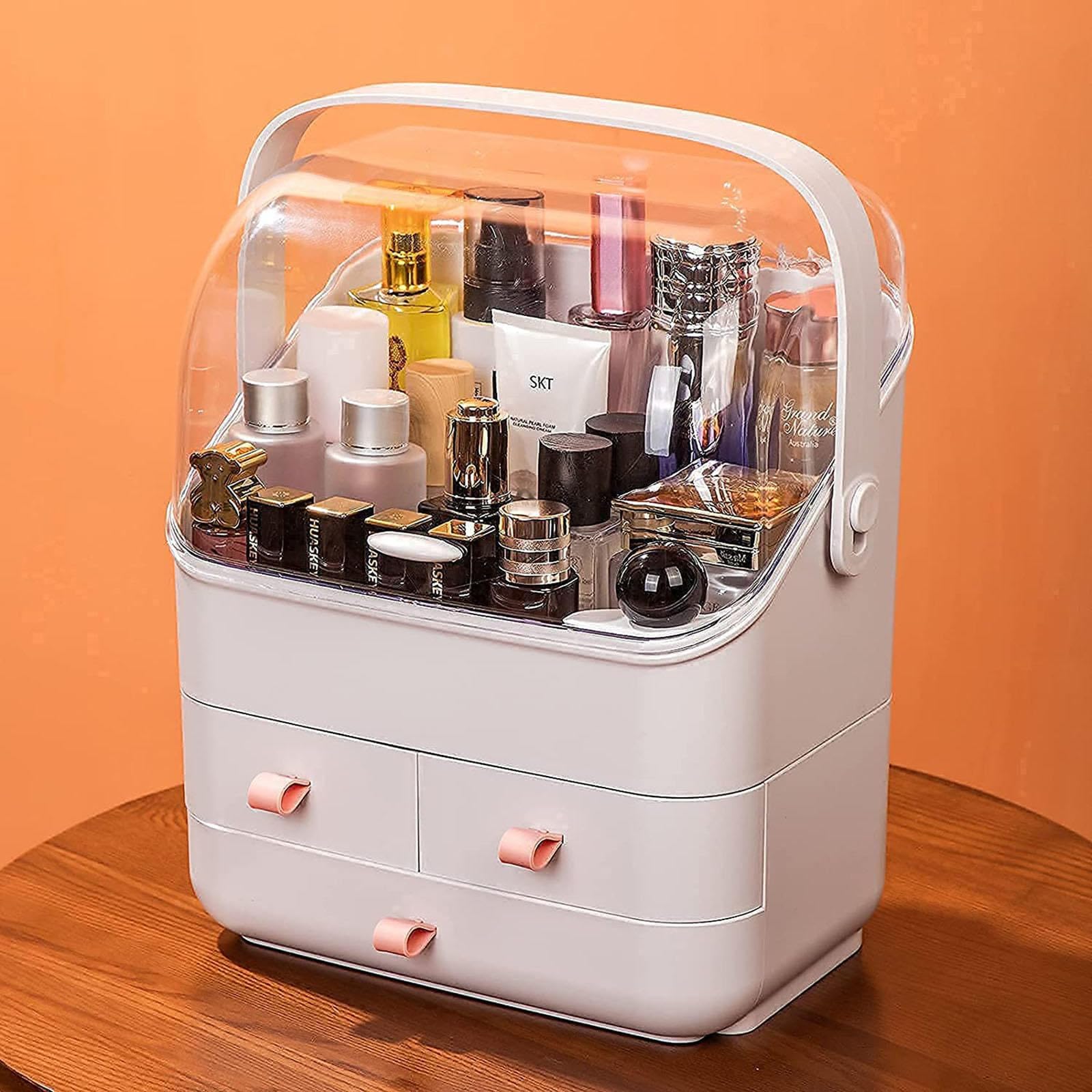 VIDECOR waterproof makeup organizer caddy with compartments for bathroom, dresser, and bedroom storage in white color