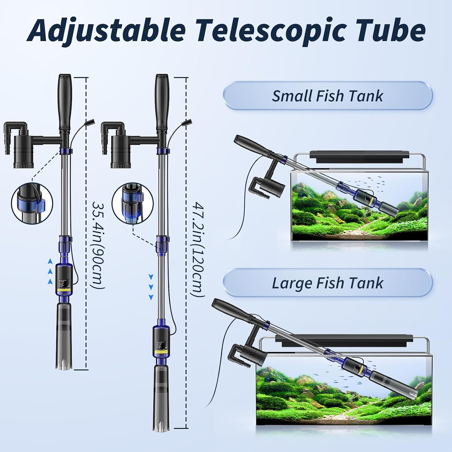 Electric fish tank cleaner by Mildhug with gravel siphon, suitable for aquariums, 530GPH flow rate, 32W power for efficient cleaning.