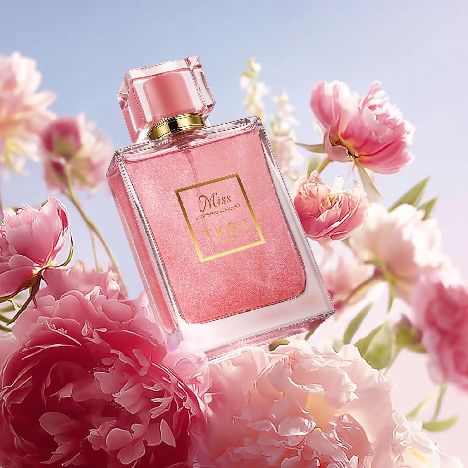 Miss Blooming Bouquet floral fruity Eau de Toilette for women by TKBJ, featuring a delicate perfume bottle with a floral design.
