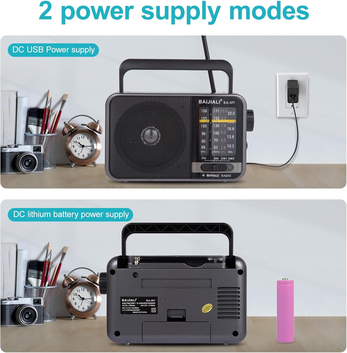BAIJIALI portable AM/FM transistor radio with loud speaker, powered by batteries or USB, shown with tuning dial and speaker grille.
