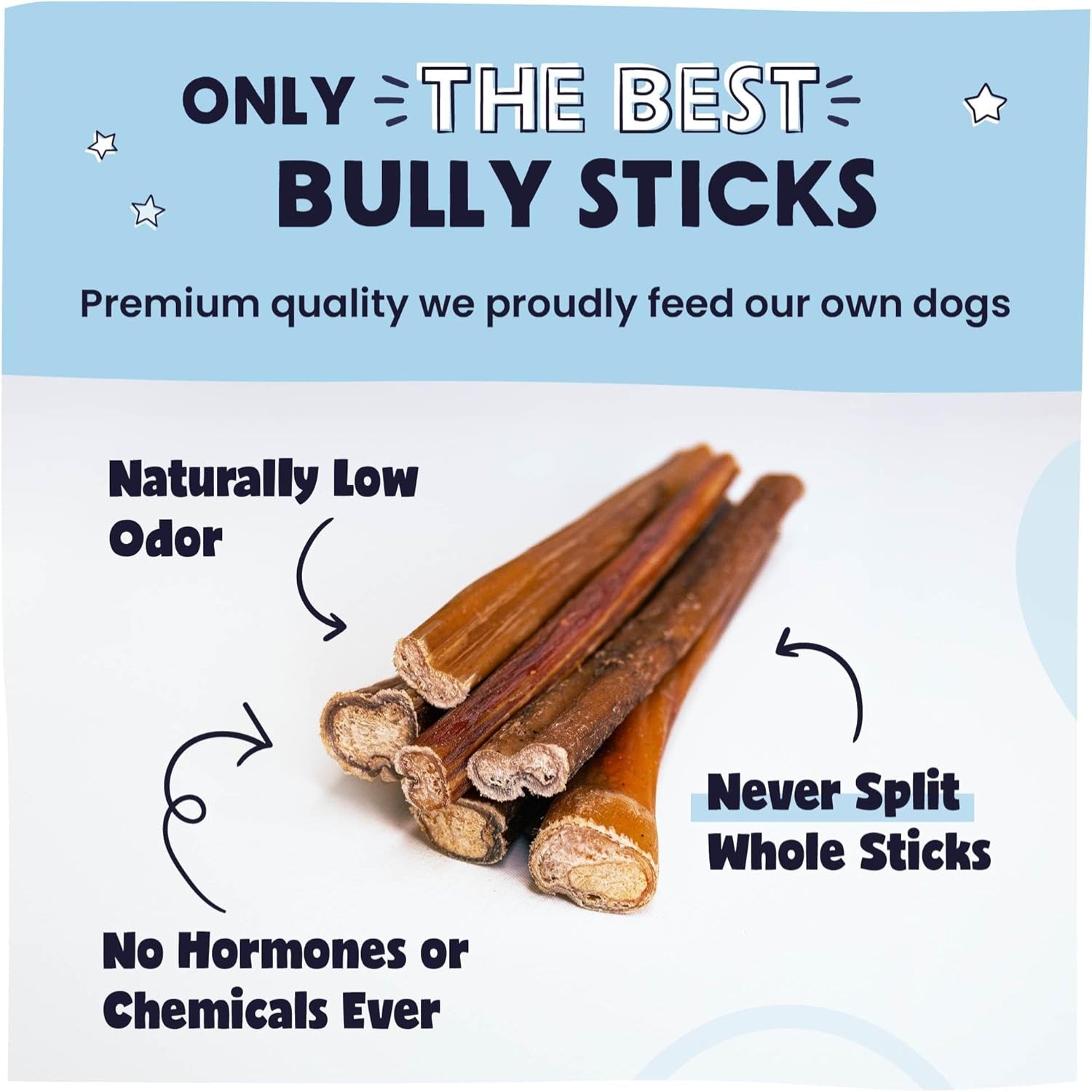 Pawstruck natural 5-8 inch bully sticks for dogs, long-lasting chews, with a close-up of the beefy, textured dog treats.