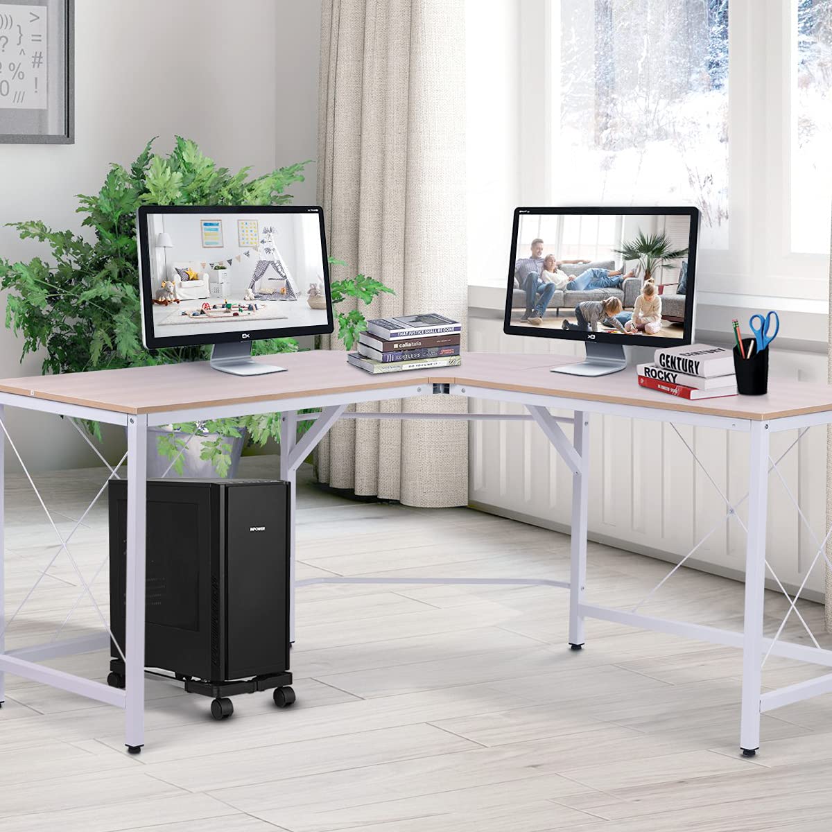 Black YOSE adjustable computer tower stand with rolling caster wheels, designed for gaming PC cases and floor carpet use.