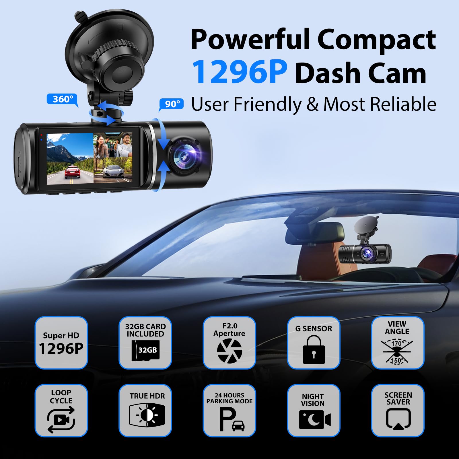 Dash Cam Front and Rear, 1296P Dash Camera for Cars, 3 Channel Car Camera Front Rear and Inside with 32GB Card, Loop Recording, Night Vision, HDR, 24Hr Parking, G-Sensor