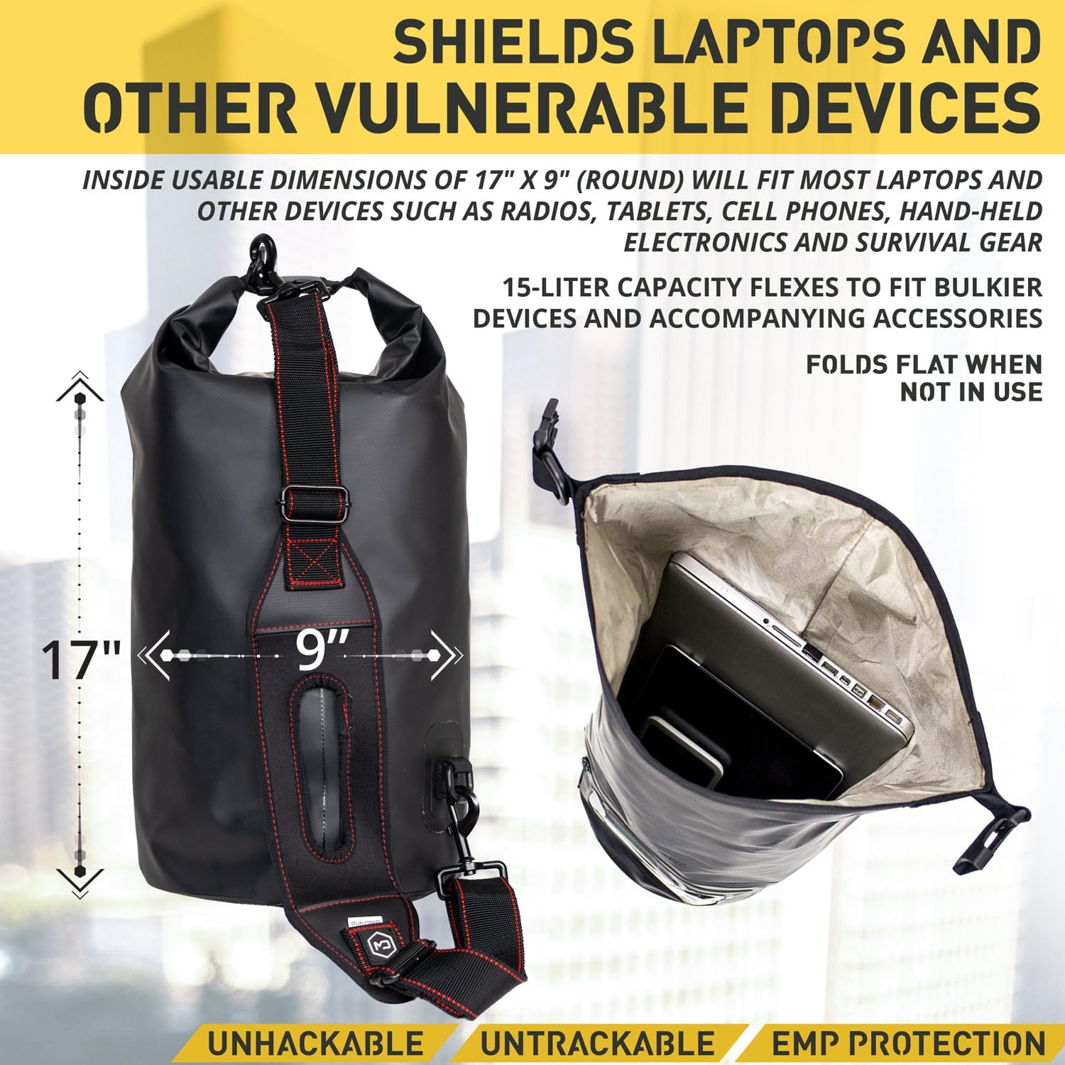 Mission Darkness Dry Shield Faraday tote 15L waterproof dry bag for electronic devices, black with secure zipper closure.