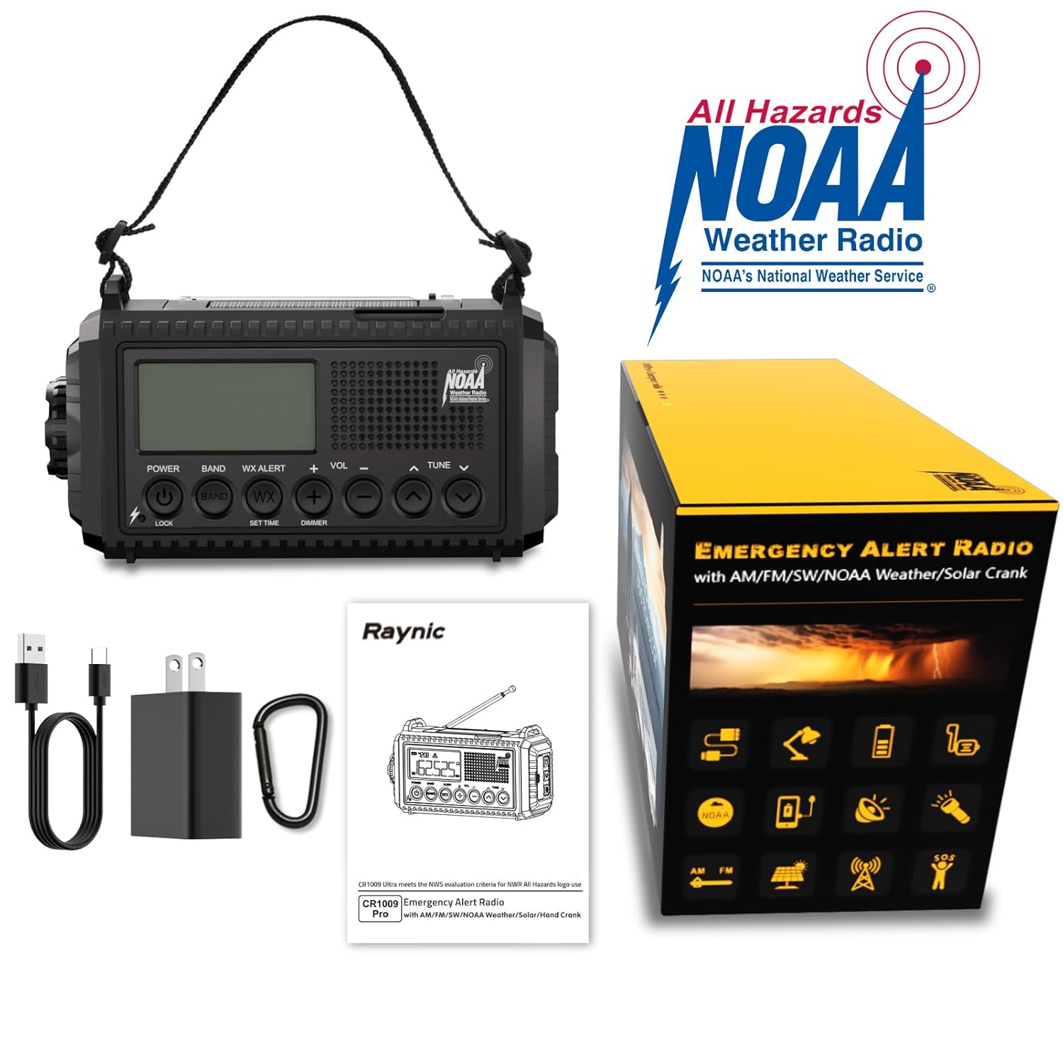 Raynic NOAA weather radio with solar and hand crank power, 5000mAh battery, emergency electronics for weather updates and survival.