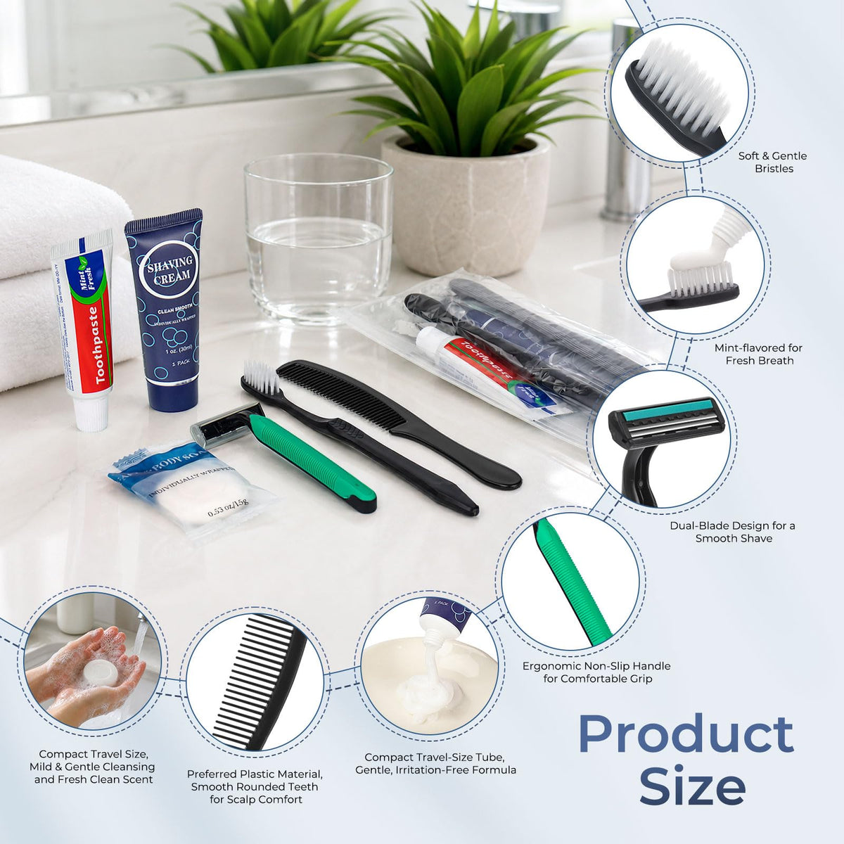25 Pack Travel Toiletry Kit Bulk 6 in 1 Disposable Personal - HQSLsund Official Imagery - 4