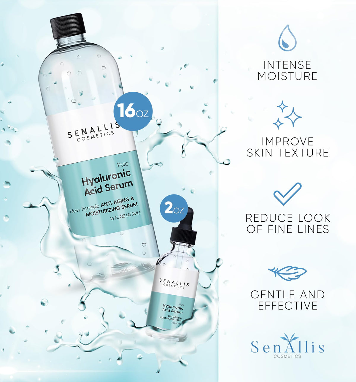 Hyaluronic Acid Serum 16 fl oz And 2 fl oz Made From Pure - SenAllis Cosmetics Official Imagery - 3