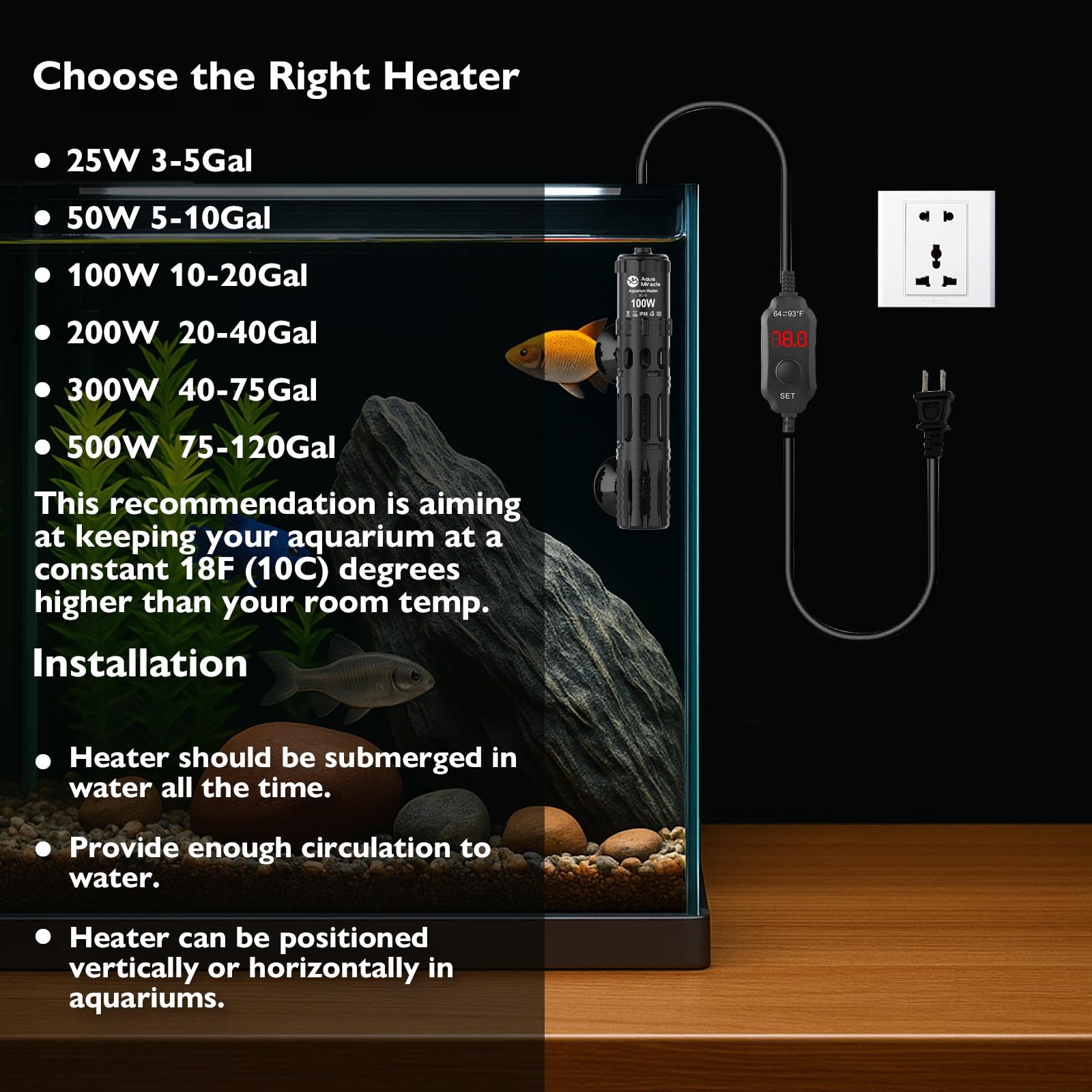 AquaMiracle Submersible Aquarium Heater, 100W Fish Tank Heaters w - AquaMiracle Official Product View 8