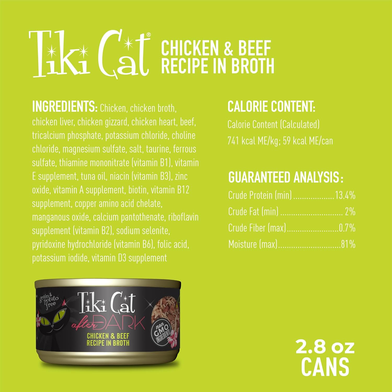 TIKI PETS Cat After Dark grain-free wet cat food with real meat, low carbohydrate, in a can, suitable for adult cats.