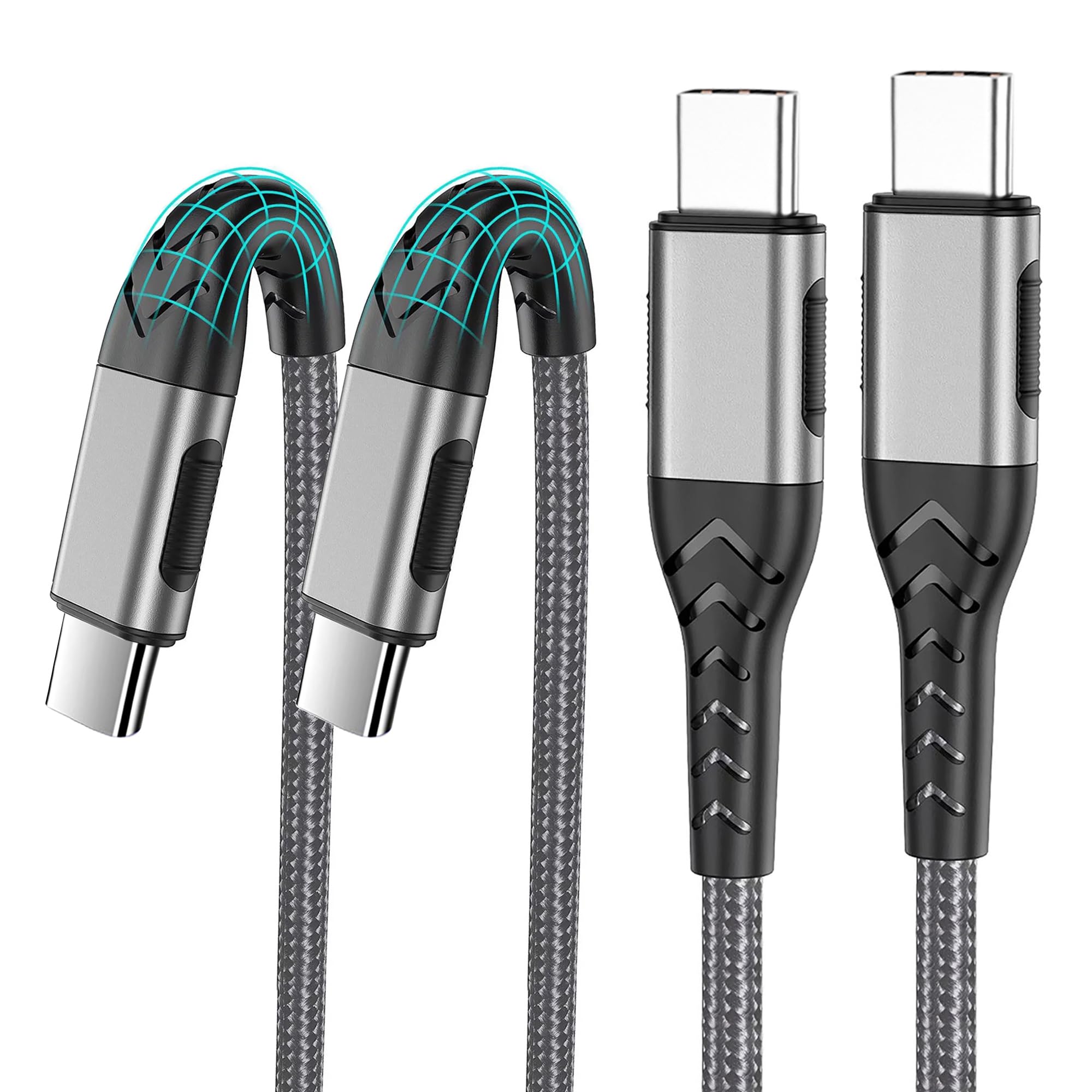 Durcord 2-pack 10ft USB C charger cables for fast 100W charging, compatible with Android, iPhone 15, 16, 17 Pro Plus, silver color.