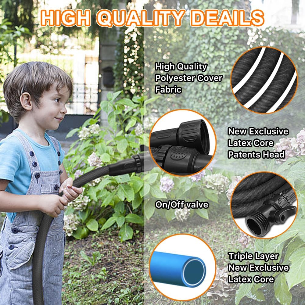 Vazpalas 75ft lightweight garden hose with flexible triple-layer construction and 3/4-inch fittings for easy watering.