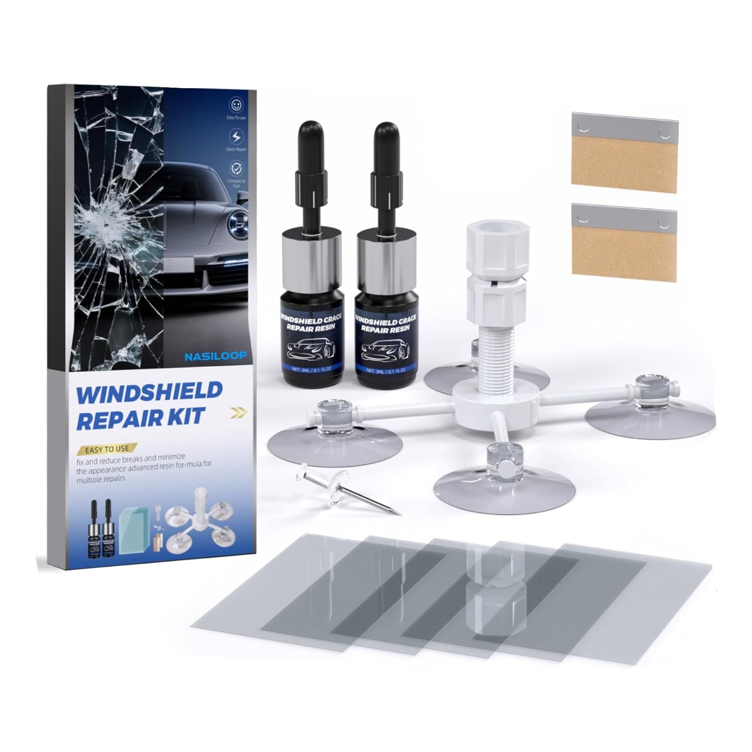 NASILOOP windshield repair kit with 71 pieces and glass repair fluid for quick, efficient car windshield crack repair.