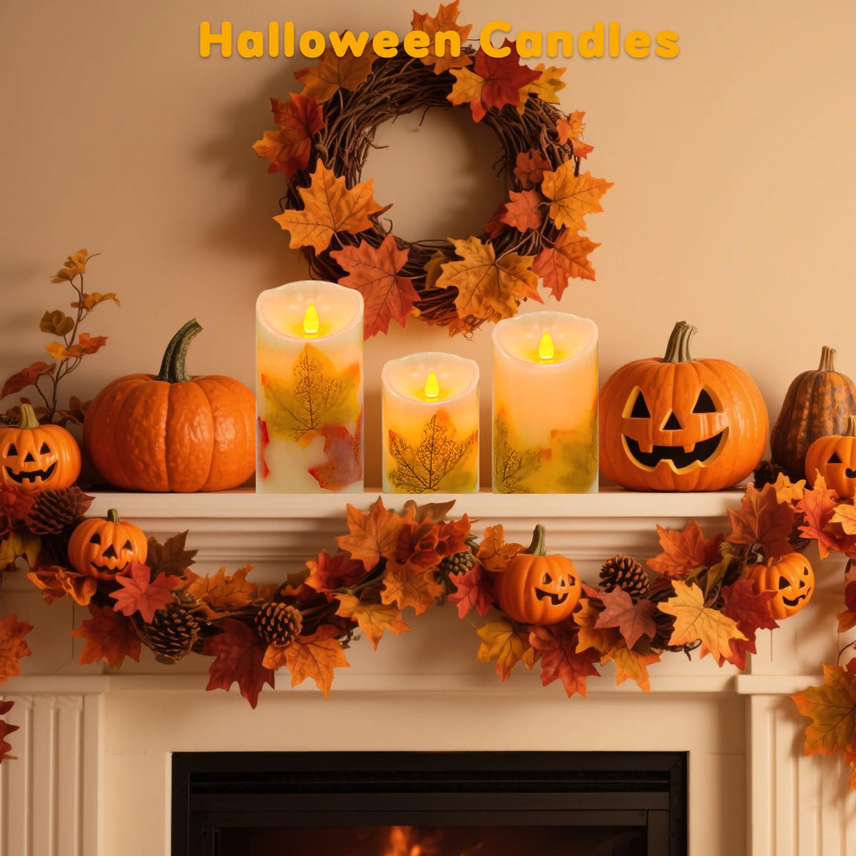 Maple Leaf Flameless Candles Set of 3 Fall Candles with - VEEKI Official Imagery - 6