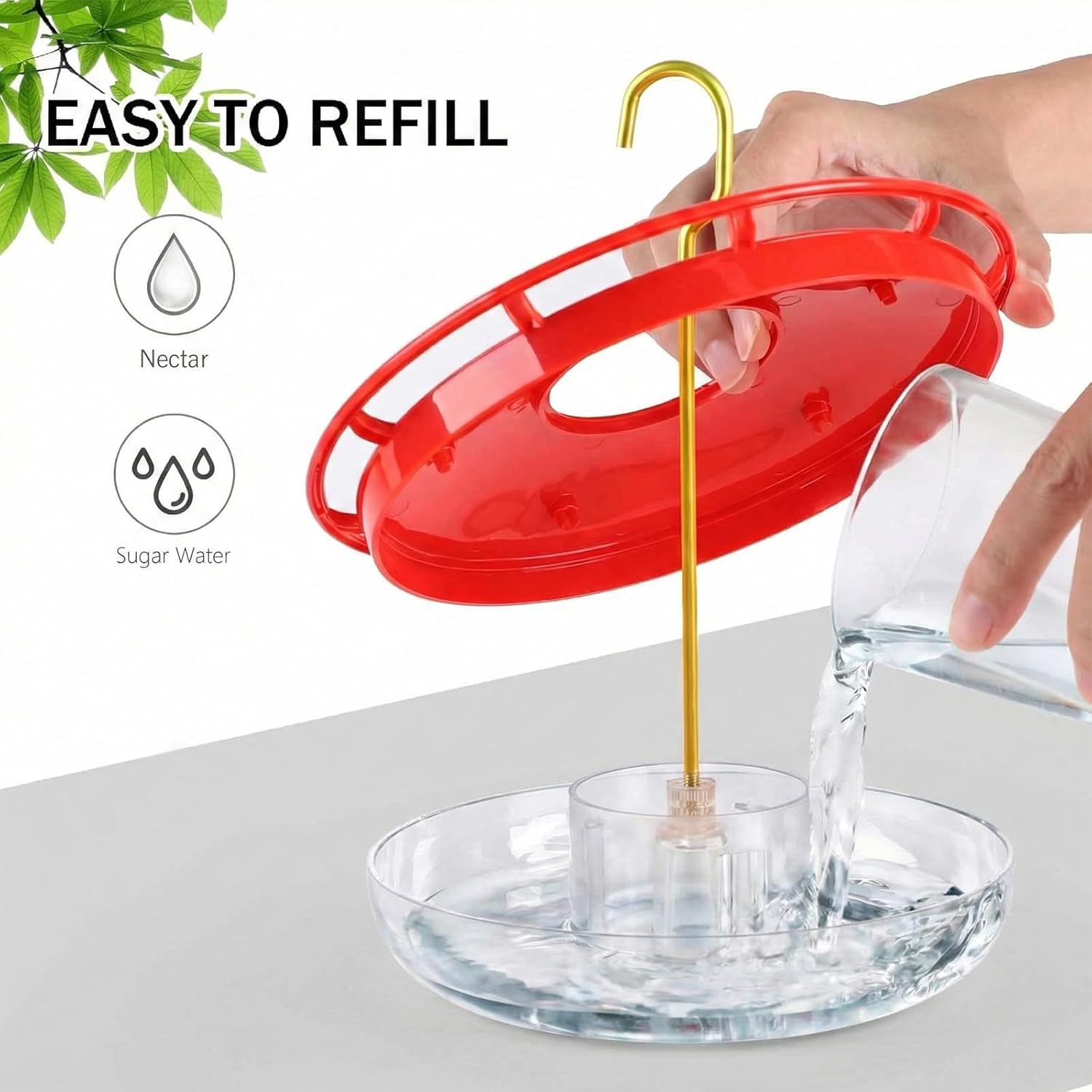 eWonLife 2-pack hummingbird feeders with 16oz capacity, leak-proof saucer, 5 feeding ports, ant moat, brush, and easy refill.