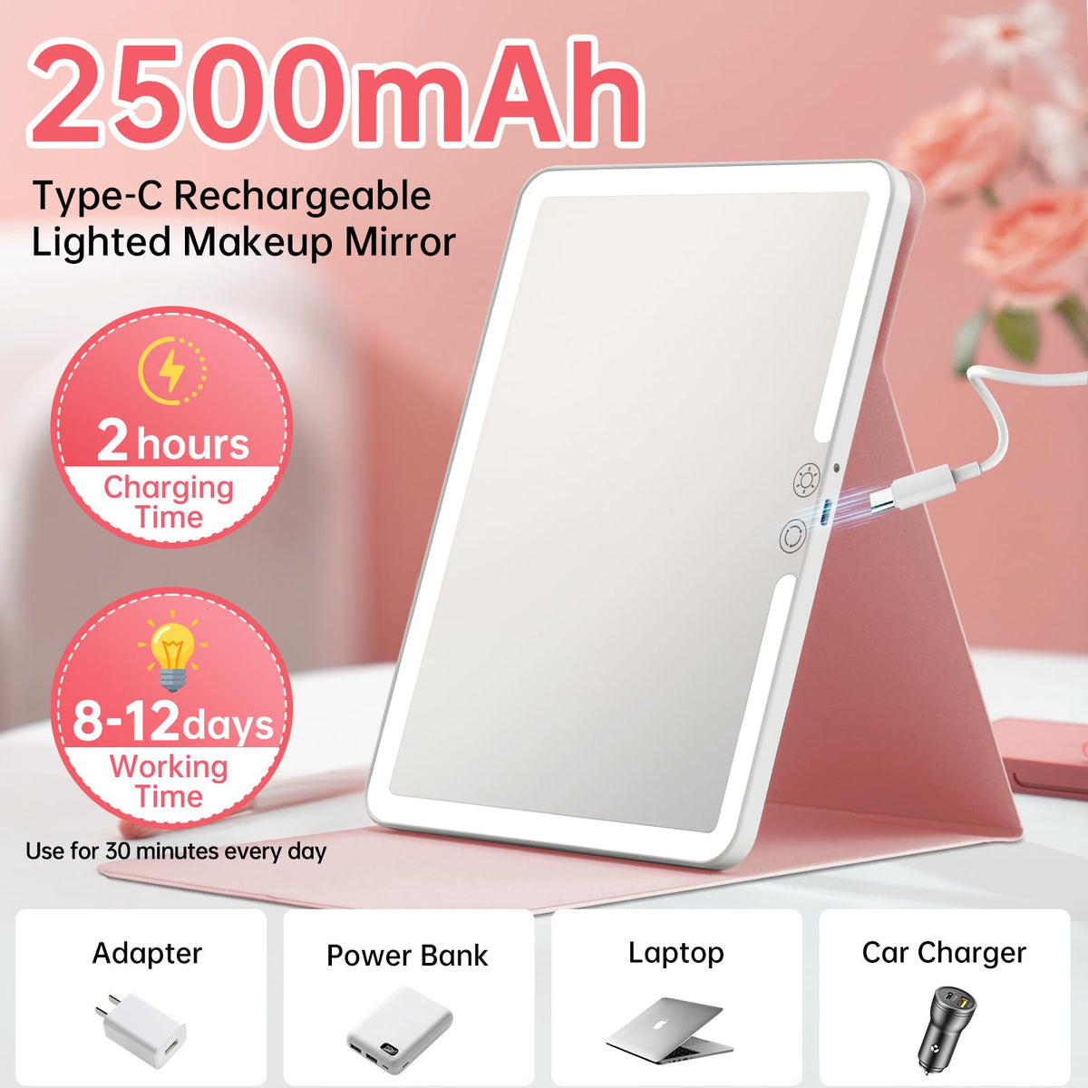 FUNTOUCH 2500mAh Large Rechargeable Travel Makeup Mirror - FUNTOUCH Official Imagery - 5