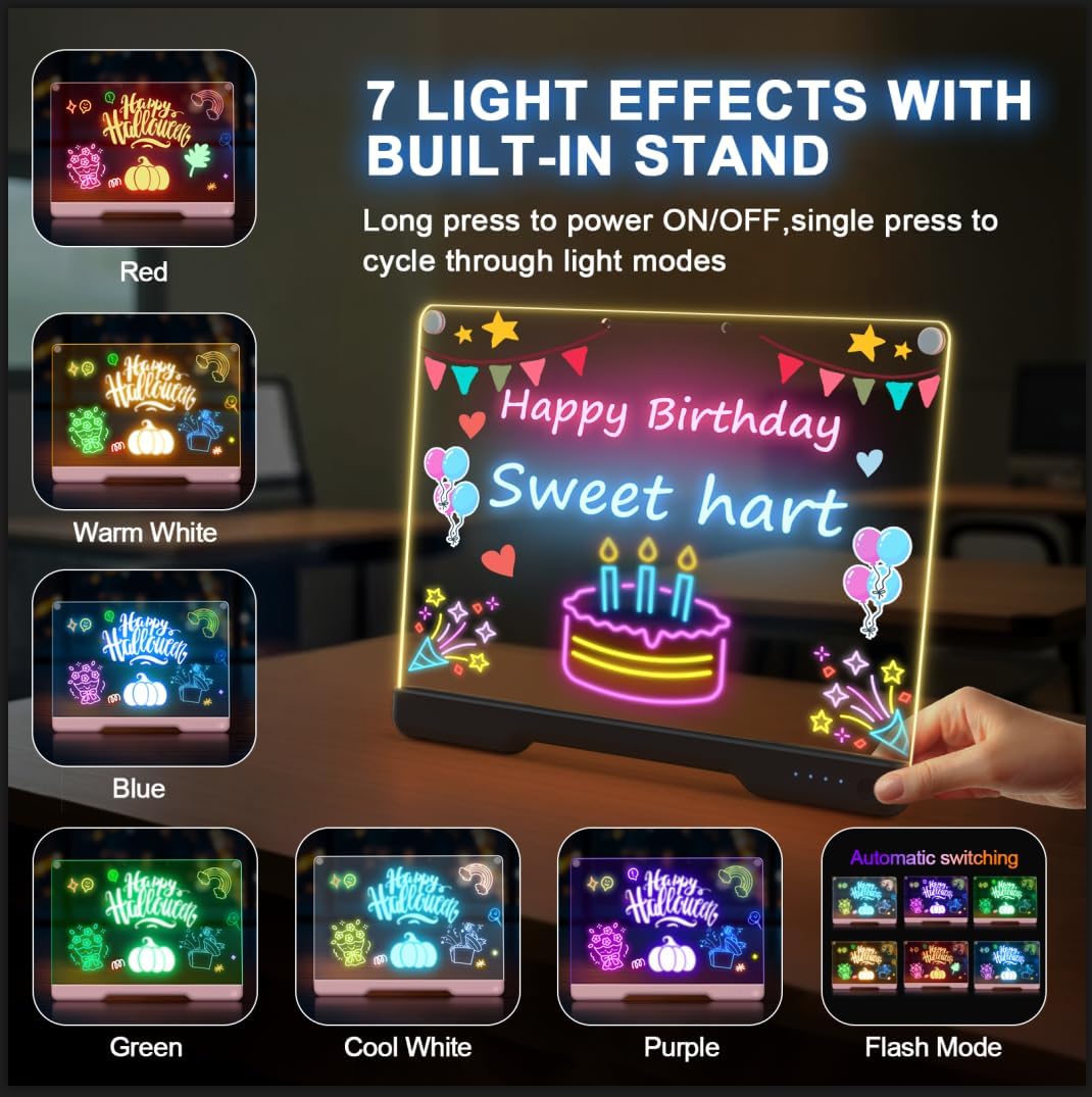 Black Bailkind 16-inch rechargeable LED note board with 7 colorful light effects and a sleek surface for writing and drawing.