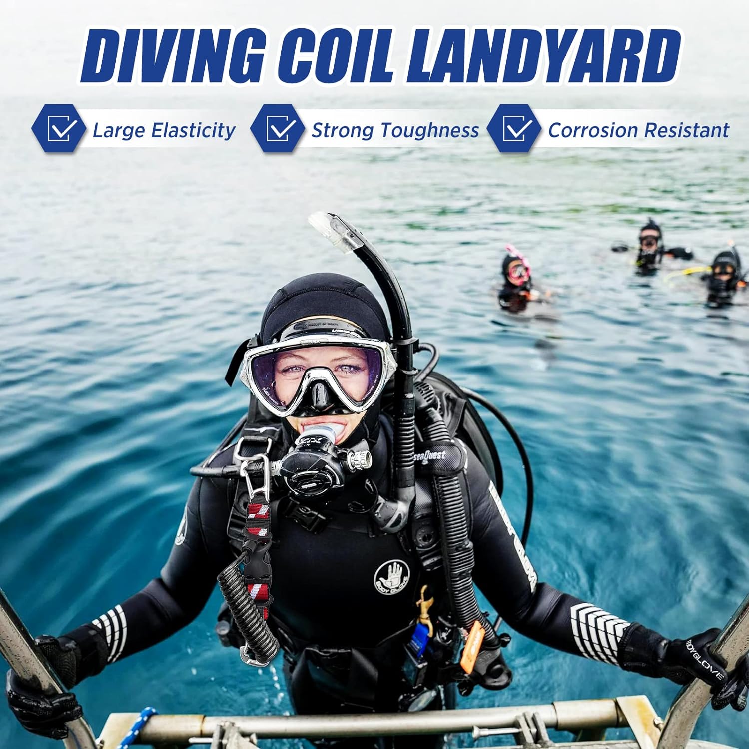 Stainless steel scuba retractable lanyard with double clips and spiral core, designed for secure gear attachment by OVOVFANY.