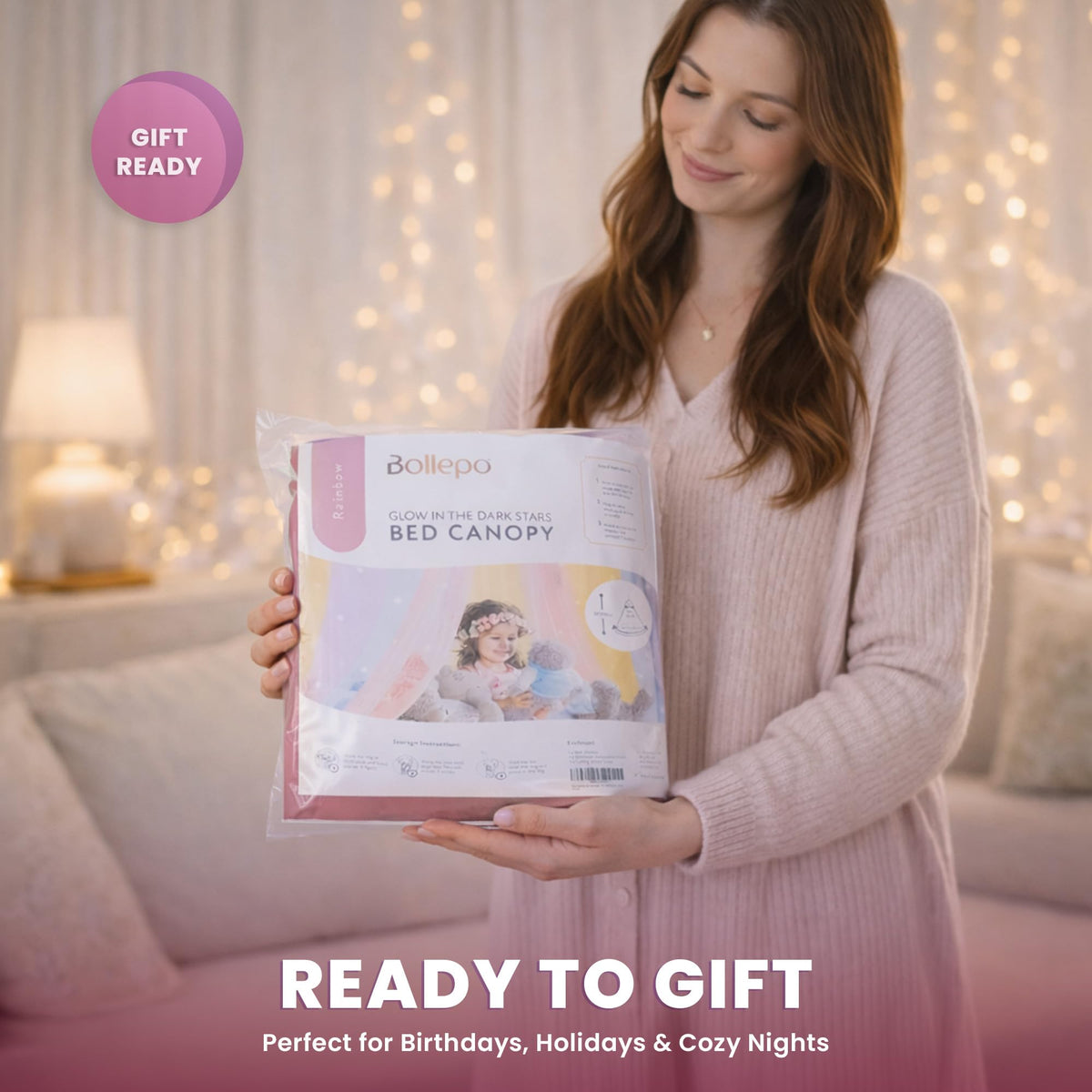Pink Bed Canopy for Girls with Glowing Stars - Bollepo Official Imagery - 7