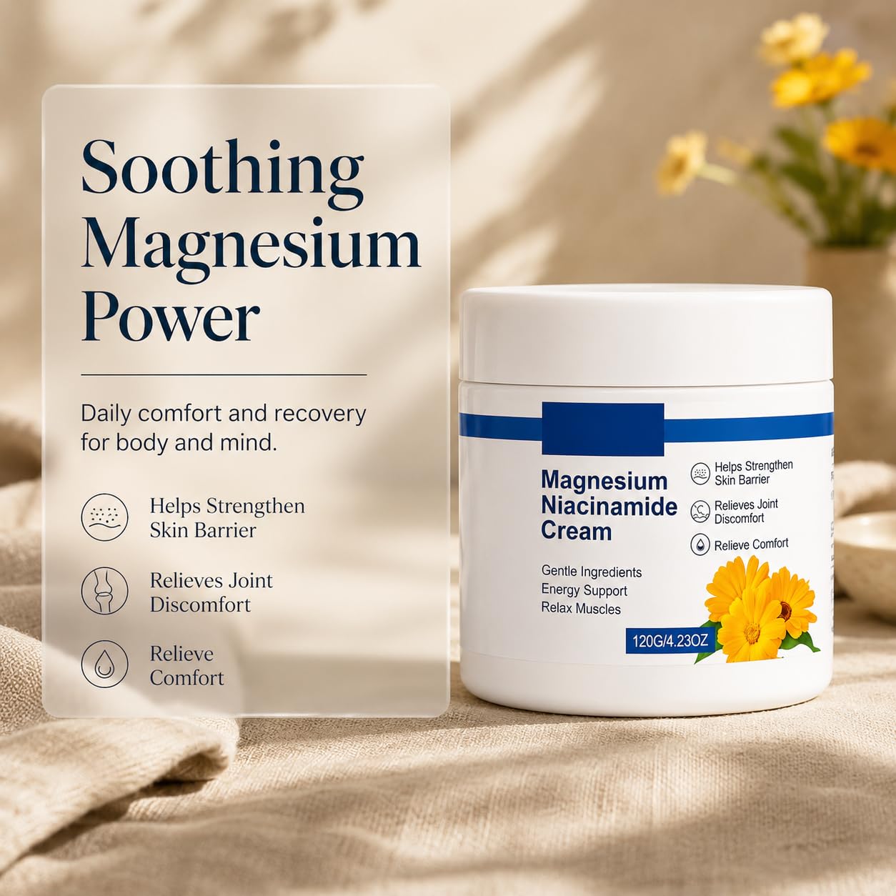 YASERDE Magnesium & Niacinamide Relief Cream 4oz skin moisturizer jar with creamy texture and label visible.