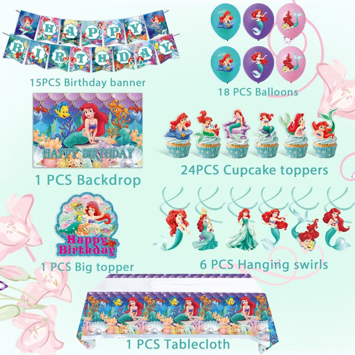 Ariel Birthday Party Supplies Party Decorations Set Include - Cosershow Official Imagery - 3