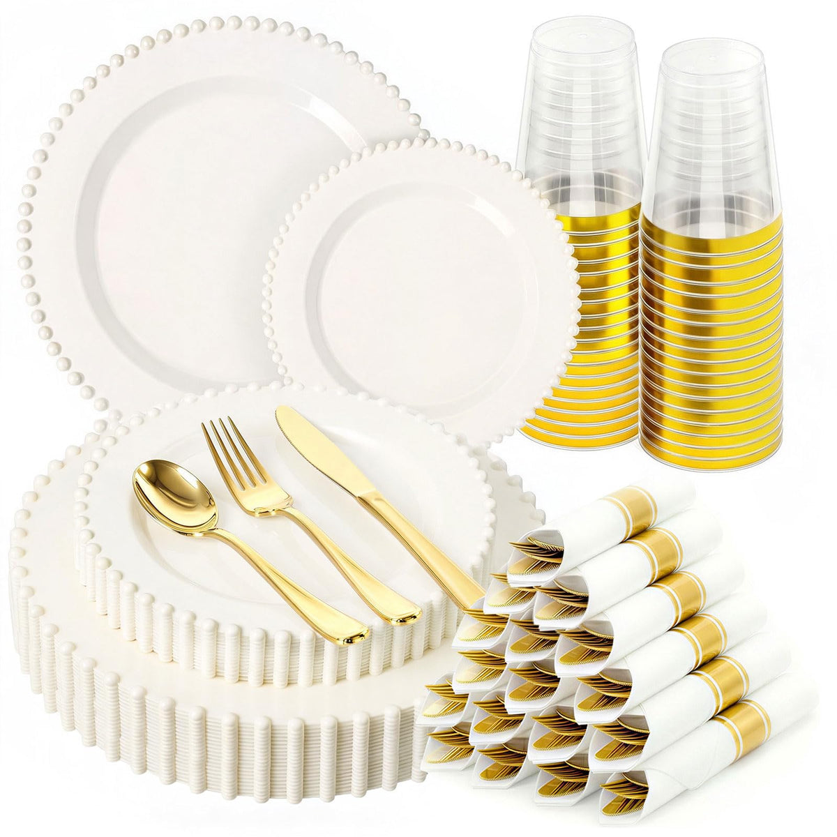 175pcs Plastic Dinnerware Set Ivory 25 Guests for Wedding - cheerserve Official Imagery - 1