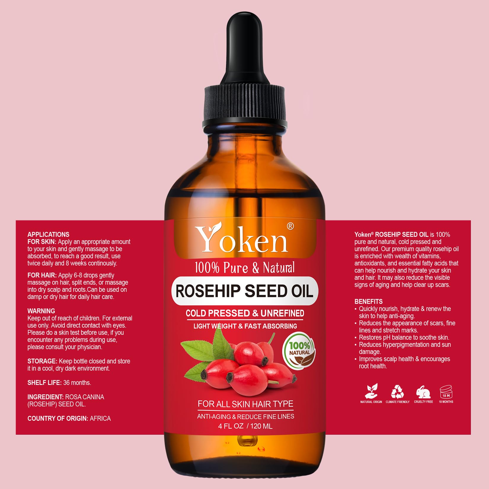 Yoken Cold Pressed Organic Rosehip Seed Oil for Face, Hair & Body, 4 fl oz - Yoken Official Product View 8