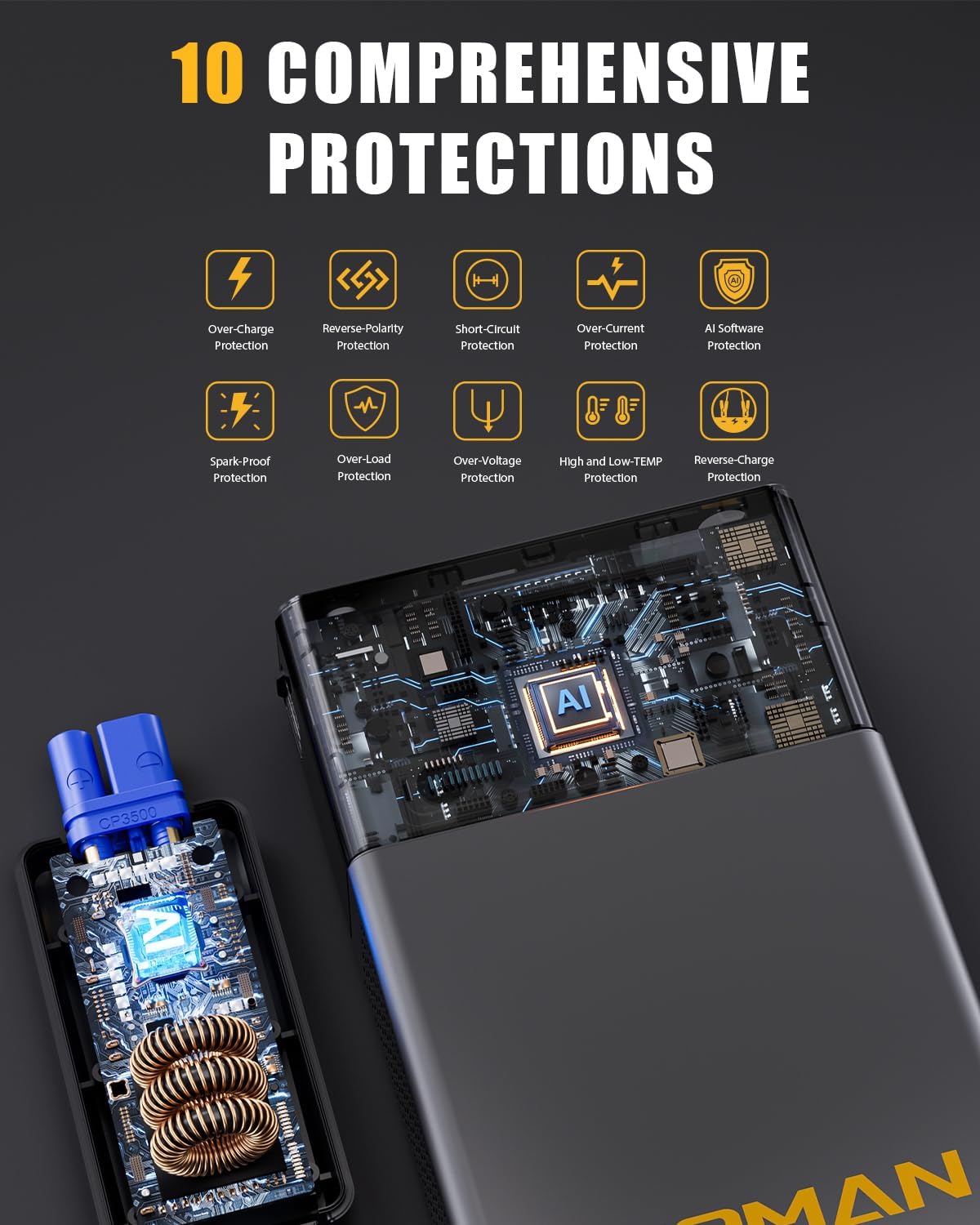 VTOMAN X7 jump starter with air compressor for trucks and SUVs, showing portable device with digital display and air hose attachments.