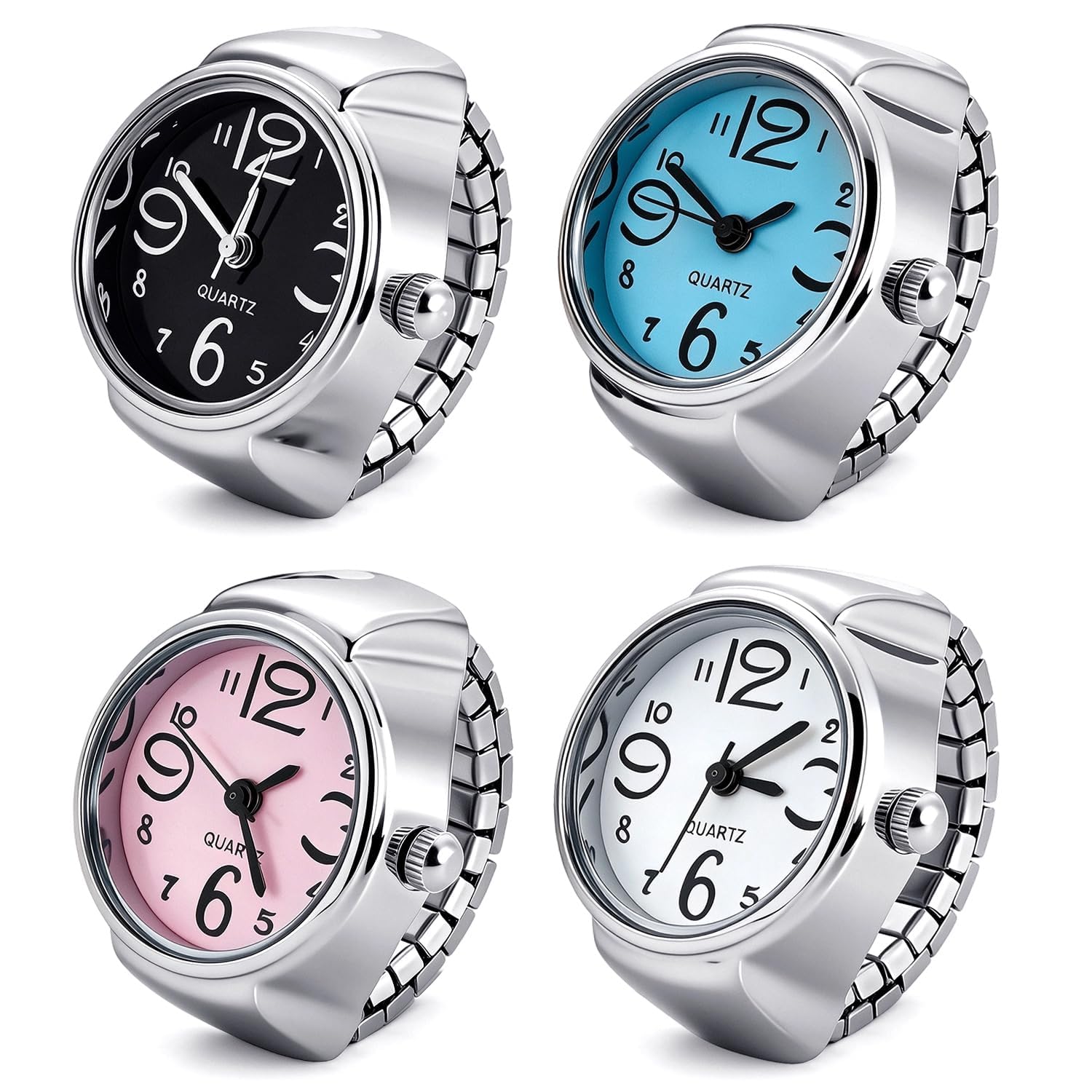 4Pcs Ring Watch for Women Men, Elastic Adjustable Finger Watch - Product Imagery